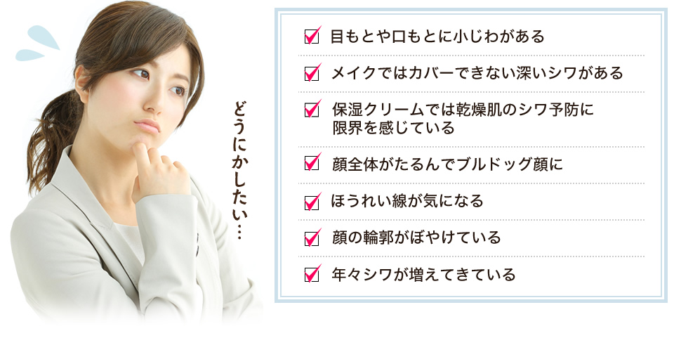 ほうれい線、目もとのシワ、顔・ホホのたるみ