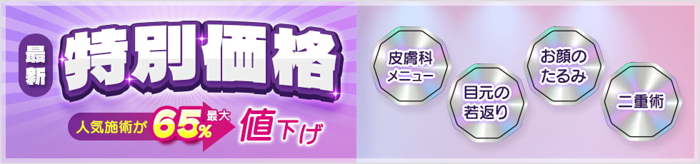 最新特別価格 人気施術が最大65％値下げ 皮膚科メニュー・目元の若返り・お顔のたるみ・二重術