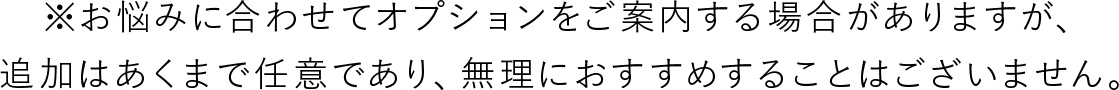 ※お悩みに合わせてオプションをご案内する場合がありますが、 追加はあくまで任意であり、無理におすすめすることはございません。