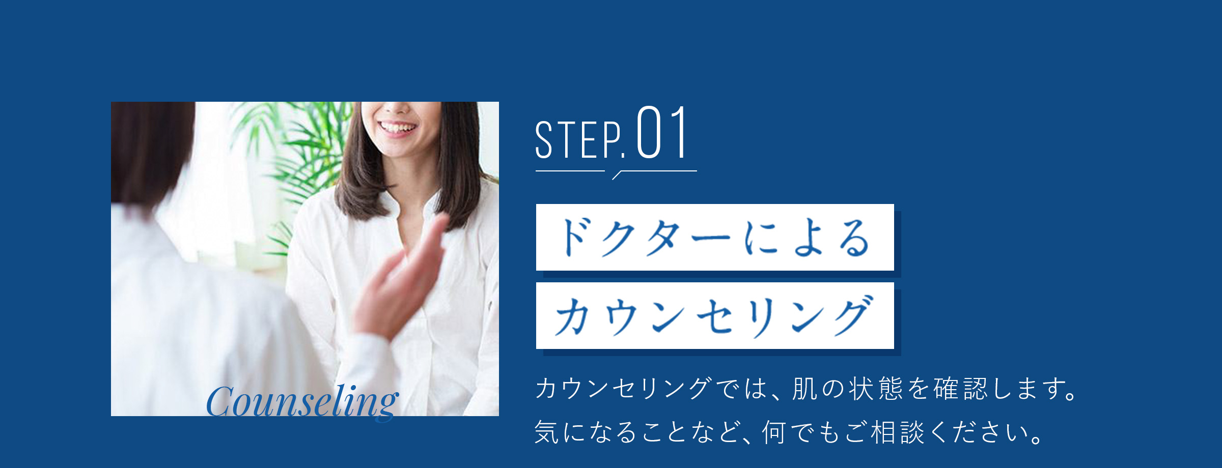 STEP1 ドクターによるカウンセリング　カウンセリングでは、肌の状態を確認します。気になることなど、何でもご相談ください。