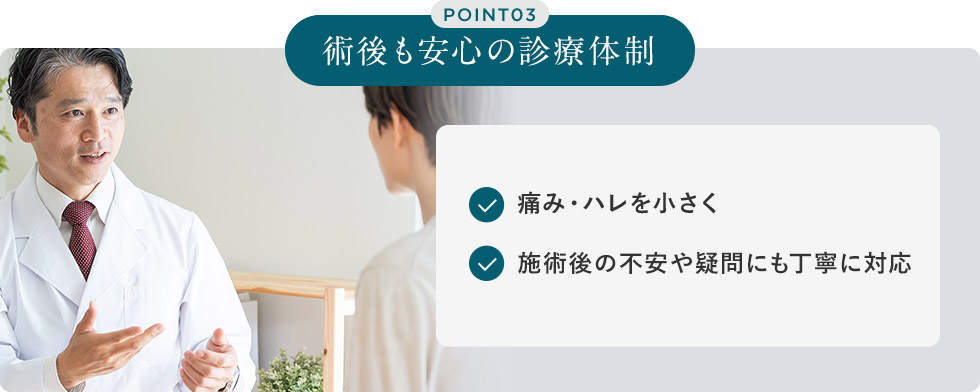 POINT03 充実のアフターケア 痛み・ハレを小さく 術後も安心の診療体制