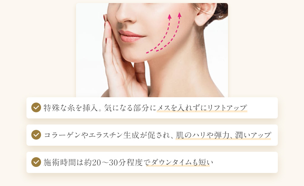特殊な糸を挿入。気になる部分にメスを入れずにリフトアップ コラーゲンやエラスチン生成が促され、肌のハリや弾力、潤いアップ 施術時間は約20〜30分程度でダウンタイムも短い