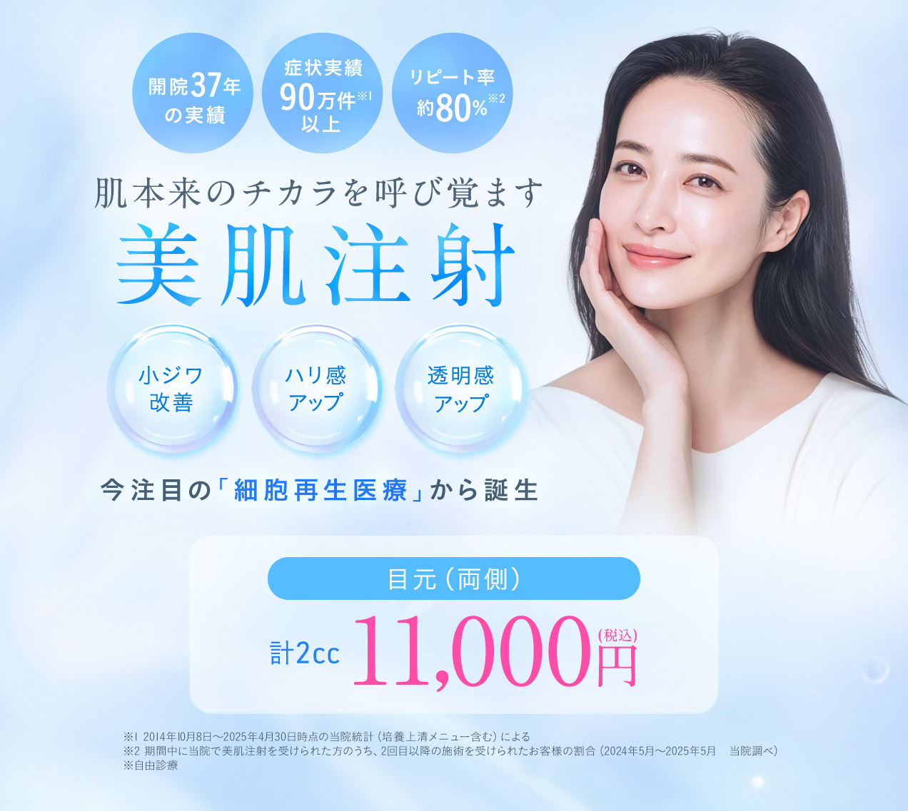 開院37年の実績 症状実績90万件以上 肌本来のチカラを呼び覚ます美肌注射 小ジワ改善 ハリ感アップ 透明感アップ 今注目の「細胞再生医療」から誕生 目元（両側）計2cc 11,000円(税込)