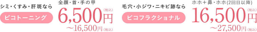 シミ・くすみ・肝斑なら ピコトーニング 全顔・首・手の甲 6,500円(税込)～16,500円(税込) 毛穴・小ジワ・ニキビ跡なら ピコフラクショナル ホホ＋鼻・全顔 16,500円(税込)～ 27,500円(税込)