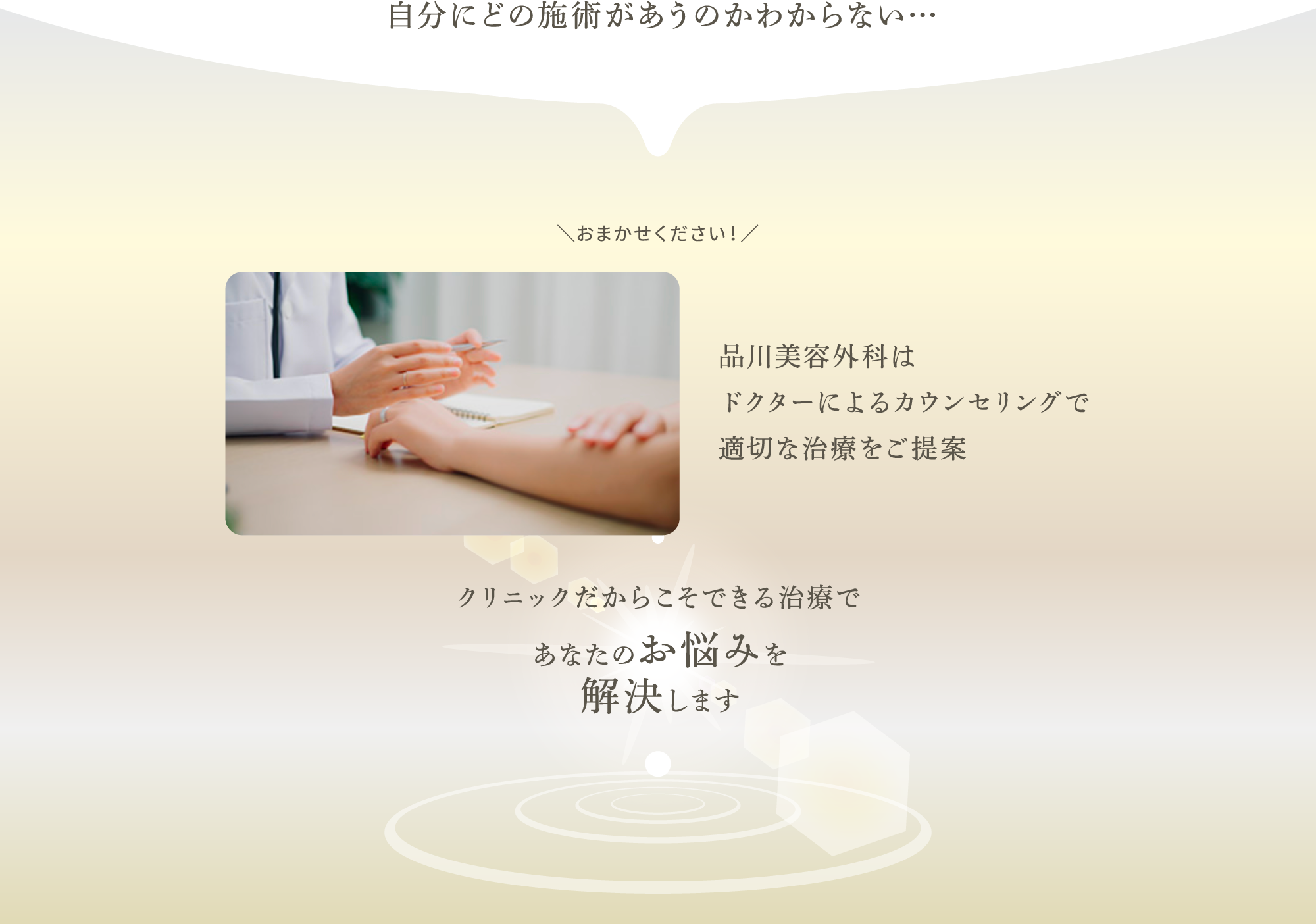 自分にどの施術があうのかわからない…　＼おまかせください！／品川美容外科はドクターによるカウンセリングで適切な治療をご提案　クリニックだからこそできる治療であなたのお悩みを解決します