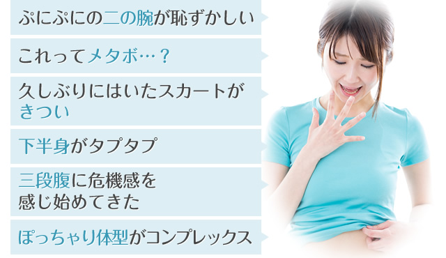 ぷにぷにの二の腕が恥ずかしい・これってメタボ…?・久しぶりにはいたスカートがきつい・下半身がタプタプ・三段腹に危機感を感じ始めてきた・ぽっちゃり体型がコンプレックス