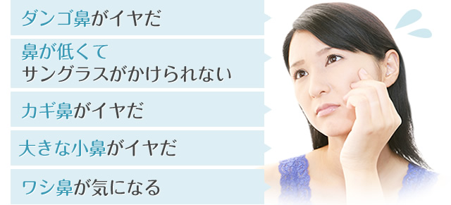 ダンゴ鼻がイヤだ・鼻が低くてサングラスがかけられない・カギ鼻がイヤだ・大きな小鼻がイヤだ・ワシ鼻が気になる
