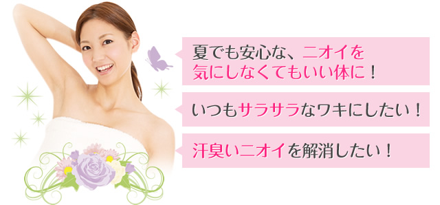 夏でも安心な、ニオイを気にしなくてもいい体に！　いつもサラサラなワキにしたい！　汗臭いニオイを解消したい！