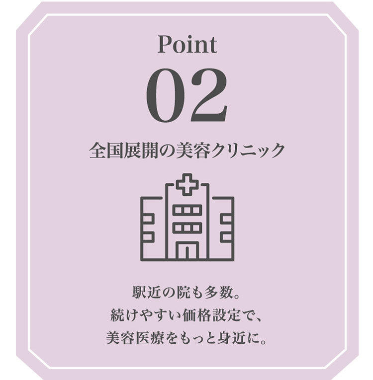 Point02 全国​展開の​美容クリニック 駅近の​院も​多数。​続けやすい​価格設定で、美容医療を​もっと​身近に。​