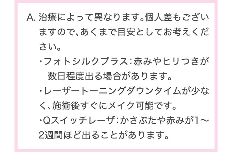 治療によって異なります。個人差もございますので、あくまで目安としてお考えください。・フォトシルクプラス：赤みやヒリつきが数日程度出る場合があります・レーザートーニングダウンタイム少なく、施術後すぐにメイク可能です。・Qスイッチレーザ：かさぶたや赤みが1〜2週間ほど出ることがあります。