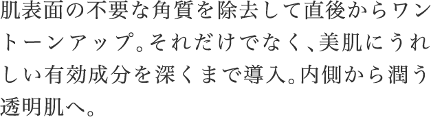 肌​表面の​不要な​角質を​除去して​直後から​ワントーンアップ。​それだけでなく、​美肌に​うれしい​有効成分を​深くまで​導入。​内側から​潤う​透明肌へ。​