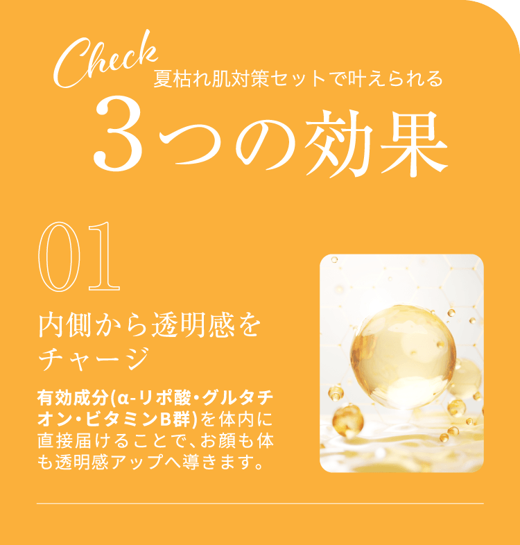 Check 夏枯れ肌対策セットで叶えられる3つの効果 01 内側から透明感をチャージ 有効成分(α-リポ酸・グルタチオン・​ビタミンB群)を体内に直接届けることで、お顔も体も透明感アップへ導きます。