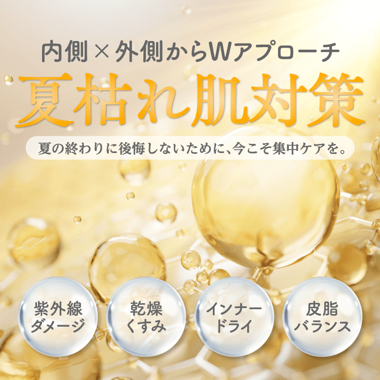 内側×外側からWアプローチ 夏枯れ肌対策 夏の終わりに後悔しないために、今こそ集中ケアを。 紫外線ダメージ・乾燥くすみ・インナードライ・皮脂バランス
